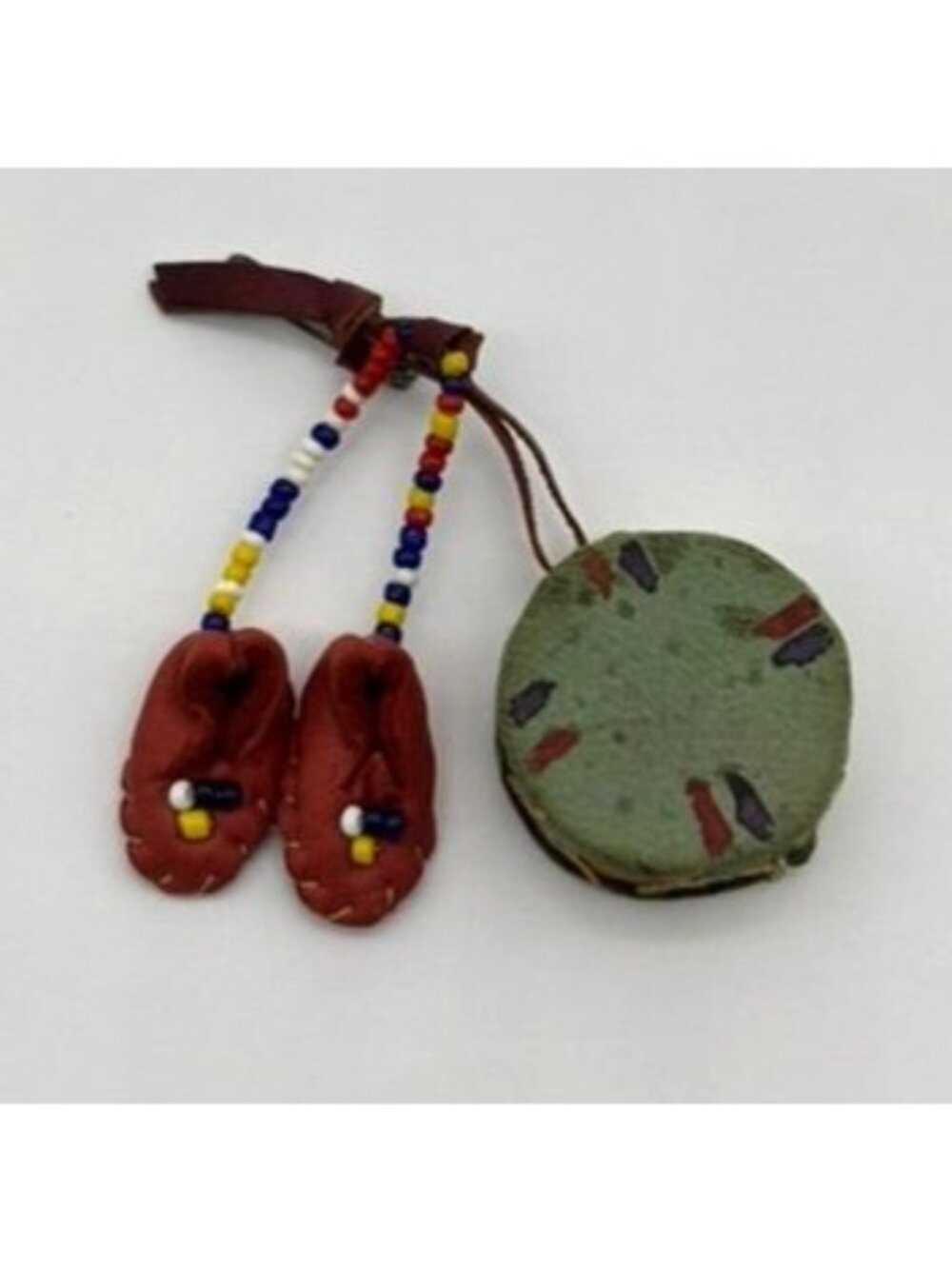 Vintage Native American Brooch Handmade & Hand Painted Miniature Moccasin & Drum